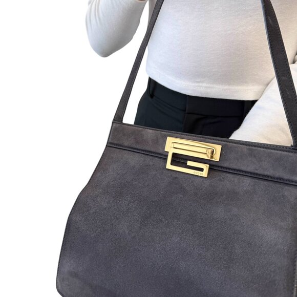 GUCCI Vintage G Square Logo Shoulder Bag Handbag Black Gold Suede [105633] - Picture 4 of 13